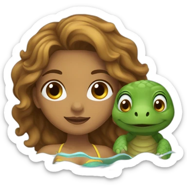 Indian woman with light brown skin and wavy hair swimming with a turtle sticker