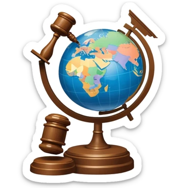 An icon featuring a globe with a gavel and a political map, symbolizing political science. The design includes a ballot box and a podium, representing democracy and governance. Transparent background highlights the study of political systems and global relations. sticker