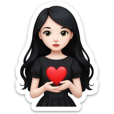 Pale girl with long black hair and black dress with holding black heart sticker