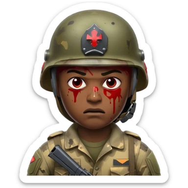 soldier with very dark skin, angry face, blood splatter on left cheek sticker