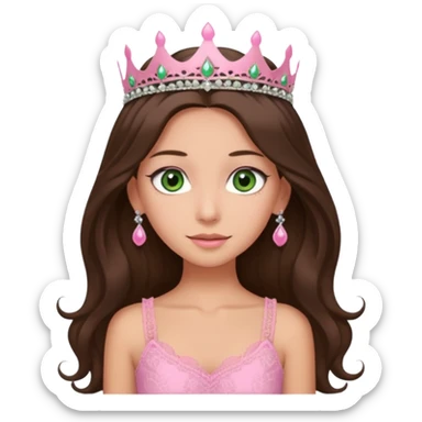 super long haired brunette with middle part cute pink lacy tank with a pink tiara on head, white but tan green eyes  sticker