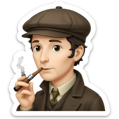 A side view of Sherlock Holmes wearing a deerstalker hat and smoking a meershaum pipe sticker