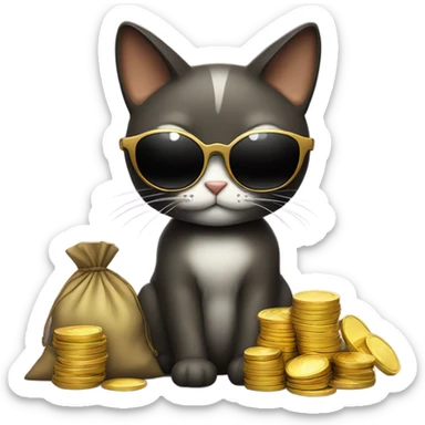 cat in brutal dark glasses with a bag of gold coins sticker