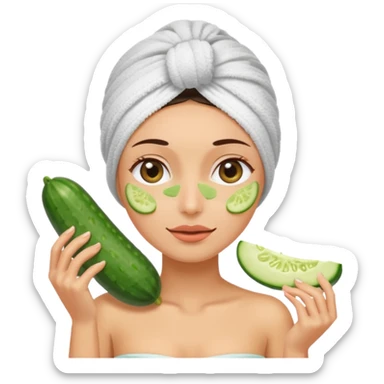 Una señora con una toalla en la cabeza y en el cuerpo con dos pepinos en los ojos  sticker