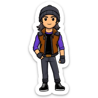Jay from Descendants, long hair in a beanie, leather vest, athletic build sticker