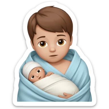 A new born baby boy wrapped in a swaddle with brown hair sticker