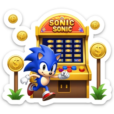 An icon showing a retro arcade screen with pixelated characters like a speedy hedgehog Sonic jumping and collecting coins. The game environment includes obstacles, power-ups, and vibrant colors, evoking the excitement and nostalgia of classic arcade games. transparent background. sticker