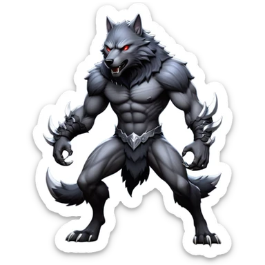 cinematic-noble-fierce-werewolf-full body-emoji, poised-and-imposing, with a tall, slender yet muscular frame inspired by the brutal, imposing shape of the beast from Berserk, fur rippling in shades of midnight black and silver, eyes glowing with an intense, primal ferocity, reflecting the untamed power of the wild moonlit night; rendered with realism sticker