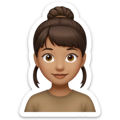 In Apple Memoji format, a girl with dark brown hair. She has bangs and her hair is in a singular high bun. The girl is arab and has light brown skin. She is wearing a brown shirt. She is soft smiling, no teeth shown. sticker