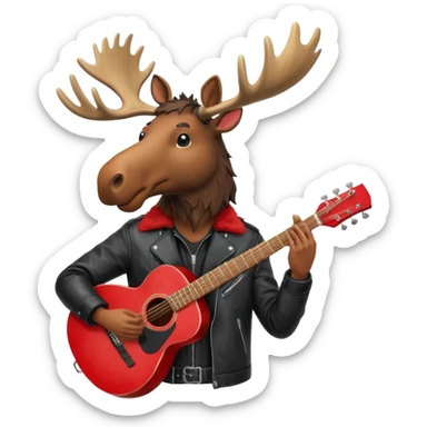 A man with a moose head in alaska pointing a red guitar directly up in the air. Make the graphics gritty and realistic like the moose man is a villian in a high budget batman movie. It needs to be 100 times more dark themed and realistic. Like your batman characters  sticker