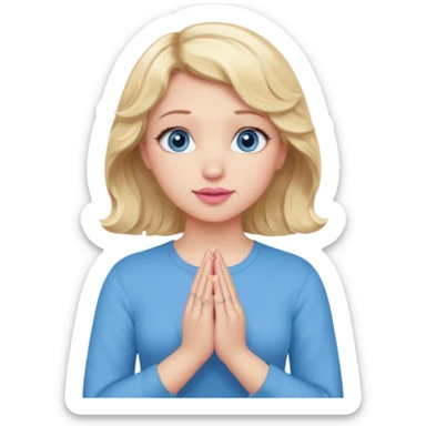 Girl Blonde short wavy hair,  blue eyes, cute blue top, long lashes, pink lips, praying hands sticker