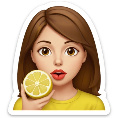 brownhaired woman eating lemon sticker