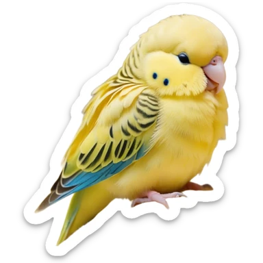 Meme-Worthy Cute Sleeping Yellow Budgie Portrait Emoji, Head resting peacefully with a contented smile, showcasing a petite, delicate build and a luxuriously soft yellow feathered fur, eyes shut in a serene nap, Simplified yet hilariously adorable features, highly detailed, glowing with a soft, drowsy light, high shine, relaxed and utterly lovable, stylized with an air of playful laziness, bright and heartwarming, soft glowing outline, capturing the essence of a comically sleepy budgie, so meme-worthy it feels like it could instantly become the next viral sensation of adorable slumber! sticker