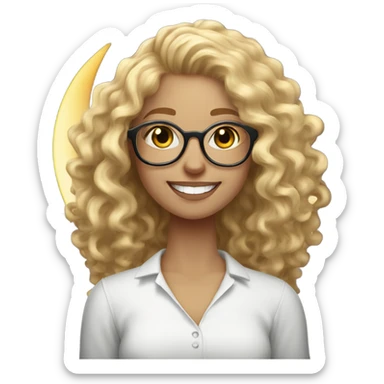 A woman with curly blonde hair and glasses, wearing a white shirt, smiling brightly, sitting on a round moon sticker
