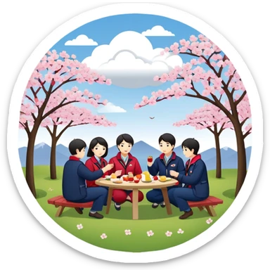 "Multi-department East Asian colleagues in color-coded jackets (navy/crimson/sage) picnic and play under cherry blossoms. Sunlord cloud logo. Circular minimalist style." sticker