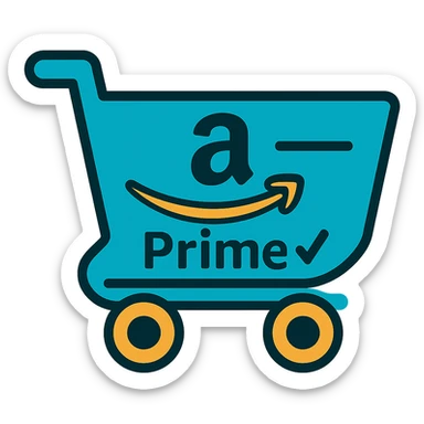 Add an Amazon Prime element such as a blue checkmark or 'Prime' swoosh to the Amazon shopping cart icon. Keep the style clean and modern with no background. sticker