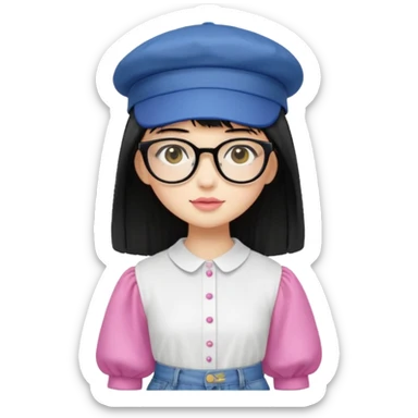 A yellow-skinned girl with long straight black hair, flat bangs, black frame glasses, a white puffy sleeve doll shirt, blue jeans and pink shoes, and a black painter's hat，no yellow spikes. sticker