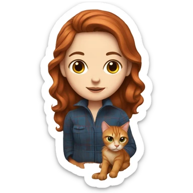 A white girl with brown hair wrapped in a plaid with a red cat sticker