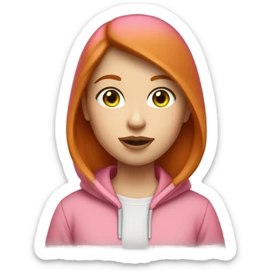 Red hair girl with short hair and white skin, green-gray eyes, pretty face, big lips in pink hoodie with macbook and white skin sticker
