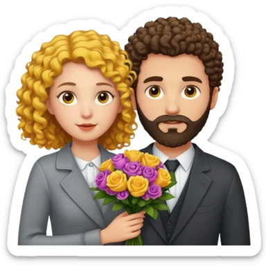 curly haired girl with yellow eyes and hair parted from the right side, standing next to a handsome bearded man holding a bouquet, expressive sticker