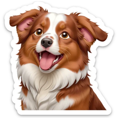 Cinematic Cute Yawning Red Merle Australian Shepherd Portrait Emoji, Head tilted slightly with a dramatic, wide-open yawn, soft red merle fur with subtle white accents, floppy ears slightly drooping, round amber eyes barely open in drowsy contentment, Simplified yet irresistibly adorable features, highly detailed, glowing with a soft, cozy glow, high shine, relaxed yet expressive, stylized with a touch of whimsy, bright and endearing, soft glowing outline, capturing the essence of a sleepy yet affectionate pup, so drowsy it feels like it could stretch right out of the screen and curl up for a nap! sticker