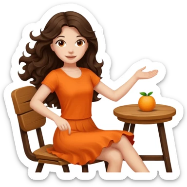 Long dark wavy hair women in orange top  twirling around a chair  sticker