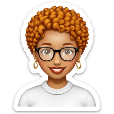 Add a gold nose piercing, gold septum piercing, and gold earrings to the light skin black woman with short ginger curly hair and glasses, smiling, in emoji style. sticker