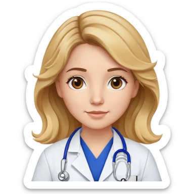 a white girl with brown eyes and wavy brown hair with blonde highlights wearing royal blue scrubs with a white lab coat over it with a light blue stethoscope sticker