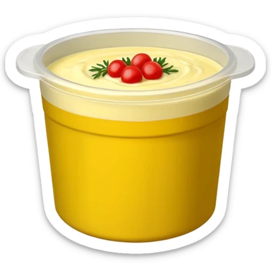 Round plastic tub with Bearnaise sauce onside that has a half black and half red label that Sais ”Lomanders Bearnaise” sticker