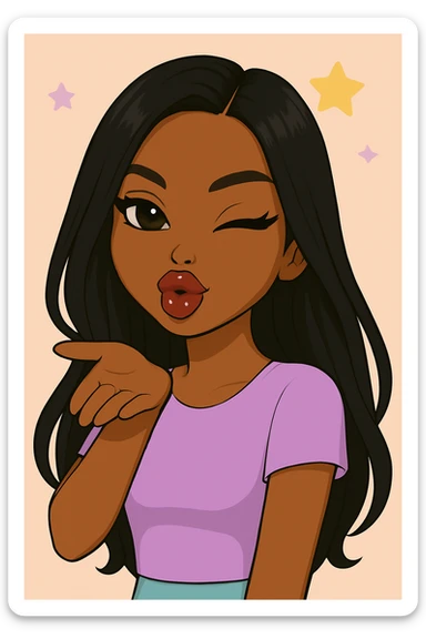 Headshot only of a 20-year-old anime Bratz style woman with dark skin and straight hair. She has a sassy attitude with a confident and playful expression. She wears a cute pastel Y2K look, has big expressive eyes, and glossy lips. No hat, no tears. sticker