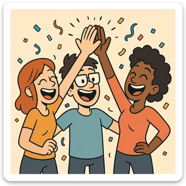 three friends in a circle doing a group high-five, with smiling faces and confetti, expressing Friday excitement, bright and colorful cartoon style sticker