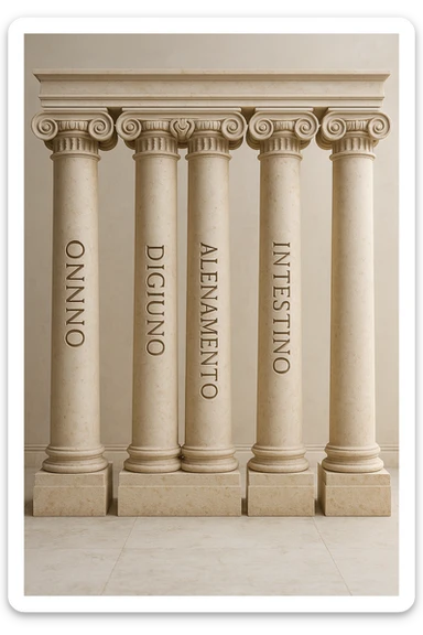 5 pilastri con le scritte "SONNO", "DIGIUNO", "ALLENAMENTO", "INTESTINO", IMMAGINE IPERREALISTICA SFONDO CHIARO IN ITALIANO sticker