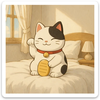 White and black Chinese lucky cat in a cozy white bedroom, kawaii  sticker