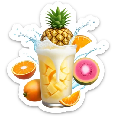 Golden pineapple, orange mango slices, pink papaya pieces, and a swirling white kefir drink floating around a glowing stomach. Light streams flow through the digestive system, showing enzymatic action dissolving blockages. sticker