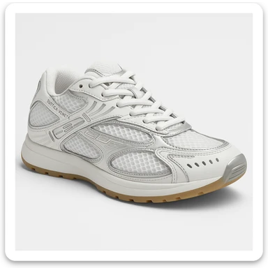 Recreate the Bottega Veneta Orbit sneaker in white with silver accents, exact design, shown in a 3D turned perspective (not flat 2D), similar to the reference image, realistic, clean background. The style should be realistic and 3D as in the reference images. sticker