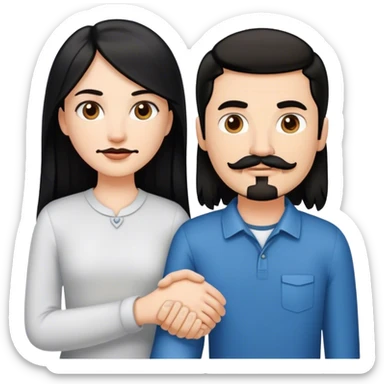 a white girl with long black hair, holding hands with a white guy with short brown hair goatee mustache sticker