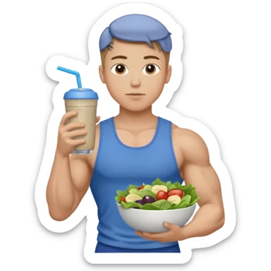 A young male person with a muscular, well-defined build. He has short dark blonde hair, a medium light skin tone, and a neutral facial expression. He wears blue cloth. He is holding a salad in one hand and a protein shake in the other. sticker