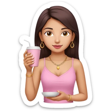 a pretty fair indian bratz girl with a pink cami top, drinking takeaway brown coffee, golden dainty necklace and carrying a white bag sticker
