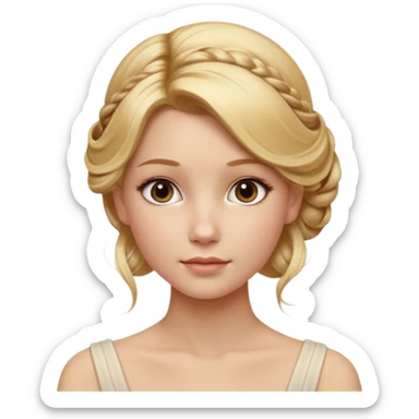 Cinematic Realistic Journal Portrait, depicted with lifelike skin texture, subtle rosy undertones, and soft natural lighting that enhances the gentle contours of her face. Her intricately detailed golden blonde hair is elegantly styled in an updo, sticker