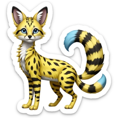 beautiful elegant spotted hype-realistic, black-maned, vibrant yellow Genet-Serval-Sergal-Margay-Fox-fusion-hybrid-furry-fursona, full body, with a long puffy fluffy black-and-white-striped tail, black long big ears, with natural blue eyes sticker
