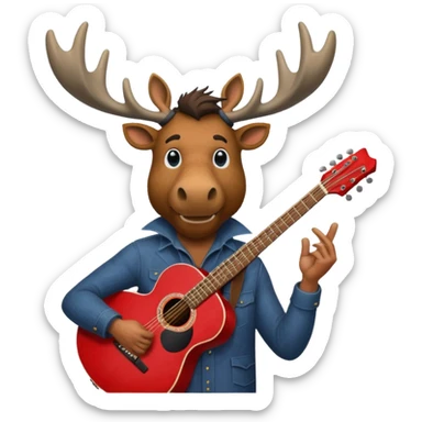 A man with a moose head in alaska pointing a red guitar directly up in the air. Make the graphics gritty and realistic like the moose man is a villian in a high budget batman movie. sticker