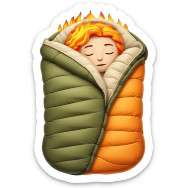 Cinematic Realistic Sleeping Bag, plush and slightly wrinkled, rich fabric texture catching the firelight, glowing with warmth and inviting coziness, nestled within a peaceful campsite. sticker