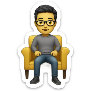 White man with yellow tinted glasses and black hair in a gray jumper and sitting on a chair sticker