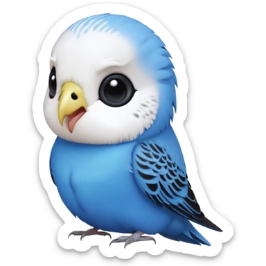 cinematic-cute-blue-budgie-portrait-emoji,-head-tilted-playfully-and-inquisitively,-featuring-a-brilliant-blue-feathered-fur-and white and black feathered face-with-a-natural-sheen,-round,-sparkling-dark-eyes-filled-with-curiosity,-simplified-yet-irresistibly-adorable sticker