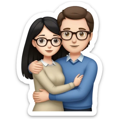 Tall white man with brown hair and glasses hugging an short pale woman with long black hair, standing sticker