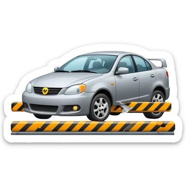 car crashed to a trafic barrier barrier in front of car and car front panel broken sticker