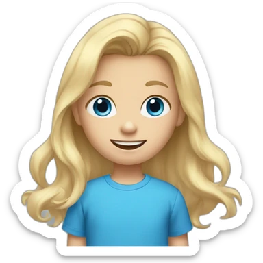 A child with blonde hair, blue eyes and a blue t-shirt and with cute little teeth sticker