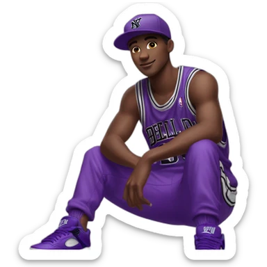 Young, dark-skinned guy in violet attire, wearing a violet NY cap and rocking violet Jordan 4s. 🟣🧢👟 sticker