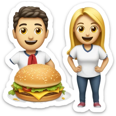 An emoji representing a food competition with three participants: a large person, a medium-sized person, and a small person, all competing in a fun and lively eating contest sticker