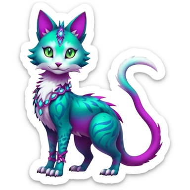 Kawaii colorful iridescent dark-turquoise-green and magenta and white beautiful pretty elegant divine edgy fantasy feline-vernid-sergal-Fakémon-Pokémon-fursona-animal-creature with accessories, full body, with intricate detailed markings sticker